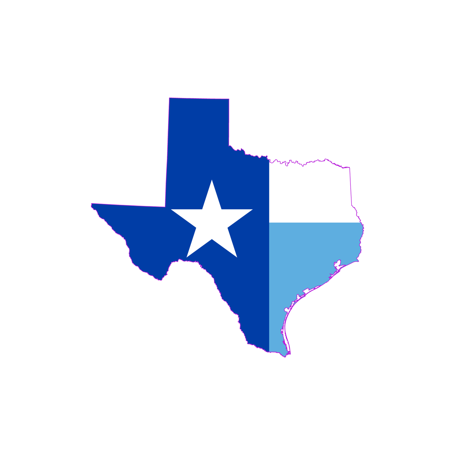 Map of Texas with a white star on a blue background